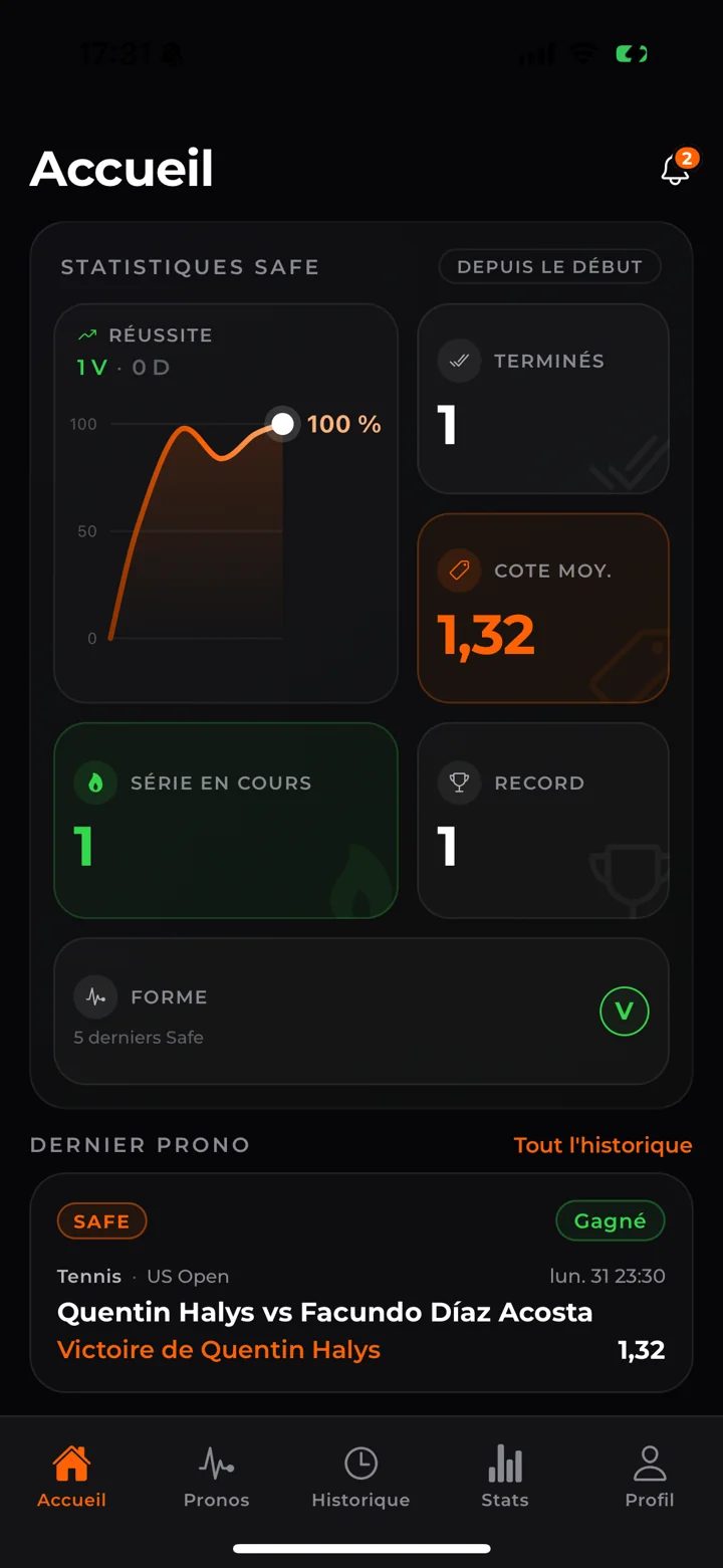 Accueil FlowUp : statistiques Safe, courbe de réussite et dernier prono